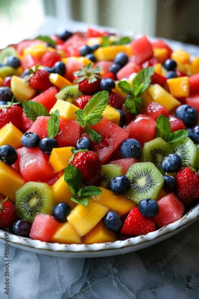Colorful Fresh Fruit Platter Featuring Watermelon, Strawberries, Kiwi, Blueberries, and Mango, Ideal for Summer Parties and Healthy Eating Colorful Fresh Fruit Platter Featuring Watermelon, Strawberries, Kiwi, Blueberries, and Mango, Ideal for Summer Parties and Healthy Eating