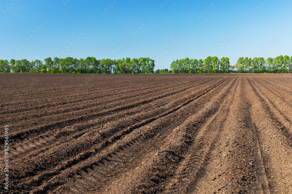 Plowed farmland with brown soil. Concept of cultivated land and soil tillage.