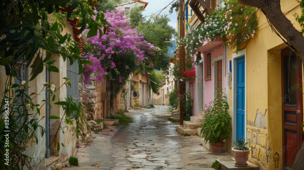 A charming alleyway lined with Greek-style buildings and flowering vines A charming alleyway lined with Greek-style buildings and flowering vines