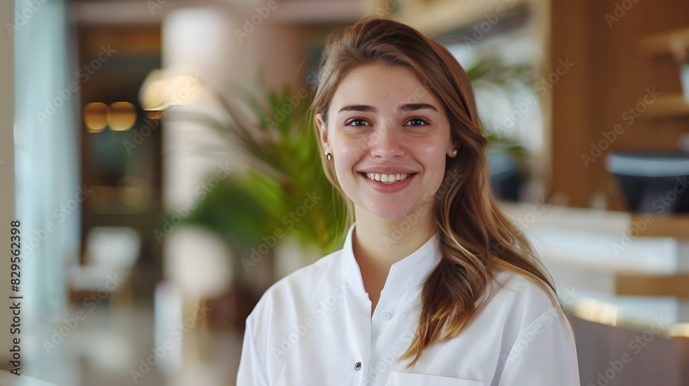 Cheerful Hotel Receptionist Excelling in Customer Service Cheerful Hotel Receptionist Excelling in Customer Service