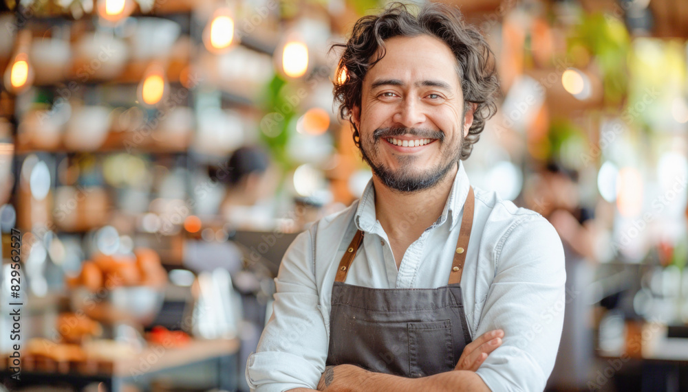 A happy café owner rejoices in the prosperity of his business A happy café owner rejoices in the prosperity of his business