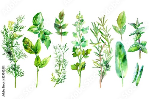 Culinary Herbs Collection: Watercolor Illustration of Parsley, Thyme, Dill, Basil, Rosemary, Sage, Mint, Cilantro