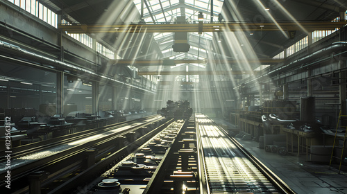 A conveyor belt carrying car engines towards assembly, illuminated by strips of natural light from skylights above, which cast soft, industrial shadows across the metallic surfaces