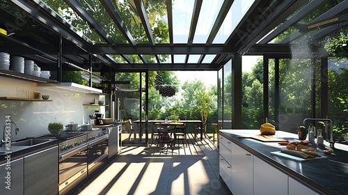 An open kitchen with a retractable glass roof  allowing natural light to flood in during the day and stargazing at night