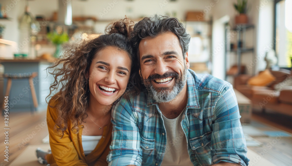 A laughing couple rejoices in the move, posing for the camera in their new home. A laughing couple rejoices in the move, posing for the camera in their new home.
