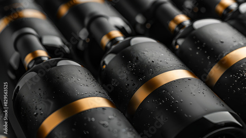Closeup of black wine bottles with gold accents, wet with droplets.
