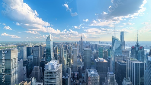 A panoramic view of a city skyline with skyscrapers stretching into the distance