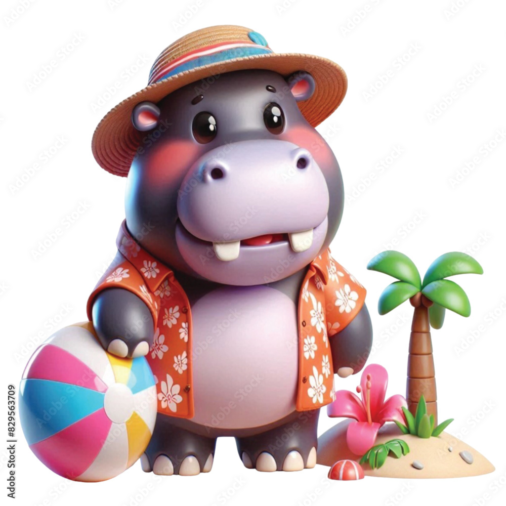 Fototapeta premium Cute hippo wearing Hawaiian outfit holding a beach ball