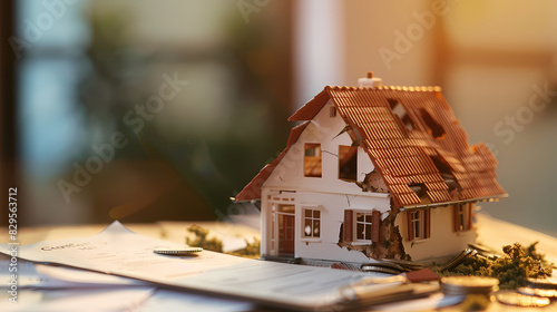 A disaster-struck model house with a property insurance claim form beside it, depicting coverage in times of need, blurred background, with copy space