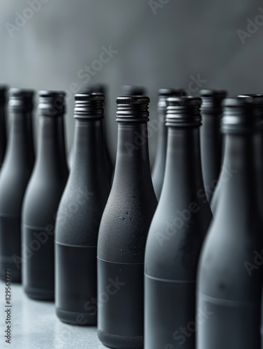 Several sleek black bottles arranged in a row.