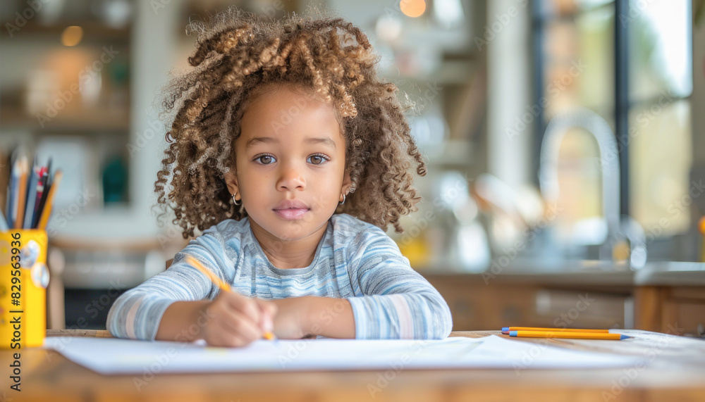 A small girl happily draws with a pencil at a wooden table in a room with fun and leisure A small girl happily draws with a pencil at a wooden table in a room with fun and leisure