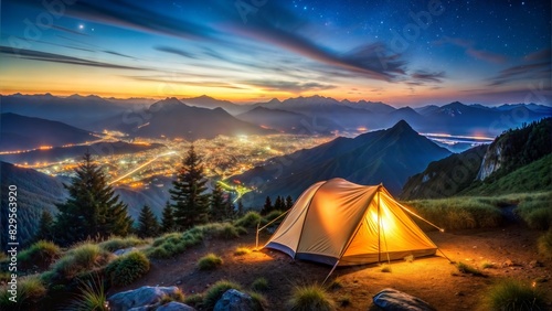 A summer campsite with a tent nestled amongst the mountains bathed in golden sunset light photo