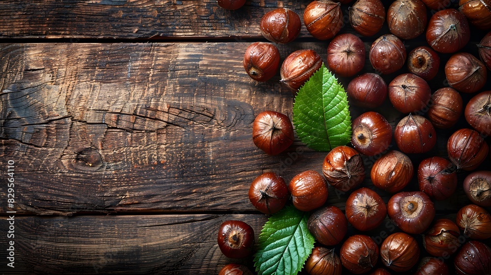 Obraz premium Fresh Hazelnuts with Green Leaves on a Rustic Wooden Table, Ideal for Autumn Culinary Creations and Natural Food Presentations