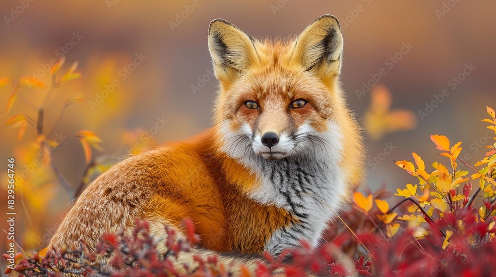 Fototapeta premium Red fox (Vulpes vulpes) in autumn tundra, portrait, Dempster Highway, Yukon Territory, Canada, North America