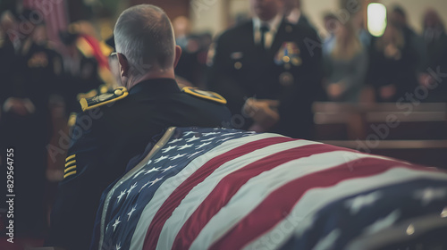 A flag-draped casket being carried by a military honor guard during a memorial service, with copy space, blurred background