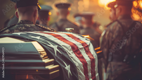 A flag-draped casket being carried by a military honor guard during a memorial service, with copy space, blurred background photo