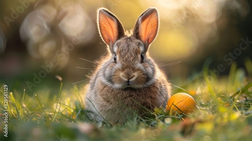 Rabbit Sitting in Grass Next to Orange