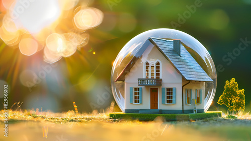 A model house encased in a transparent bubble, illustrating the protection offered by property insurance policies, blurred background, with copy space