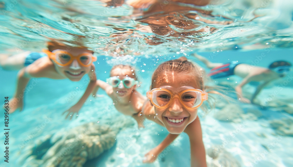 Naklejka premium In a swimming pool, children laugh and play underwater, surrounded by a joyful atmosphere