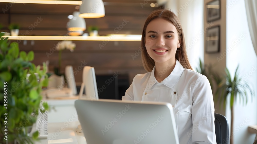 Enthusiastic Front Desk Associate Working with a Smile Professional Service and Communication Enthusiastic Front Desk Associate Working with a Smile Professional Service and Communication