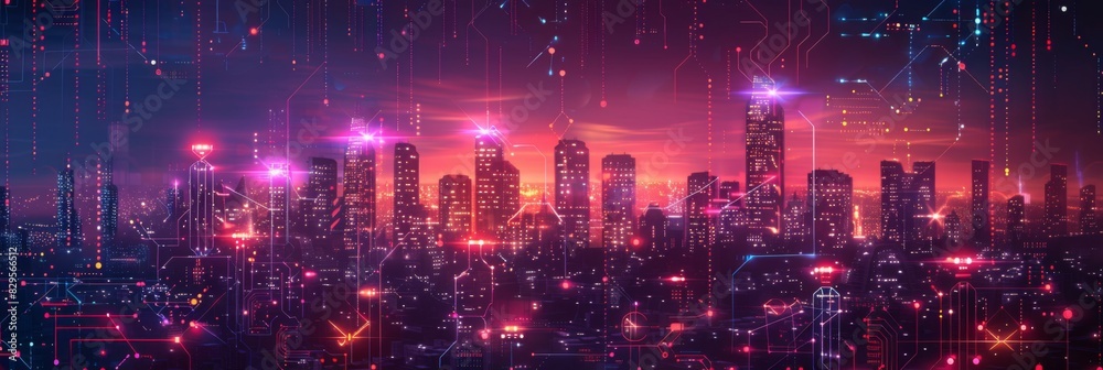 Futuristic Smart Cyber City: Innovative Urban Landscape in Digital Circuitry, futuristic technology concept,  graphic banner design 