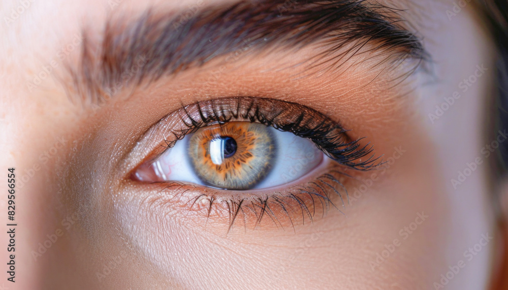The closeup image frames a womans eye, emphasizing her brown pupil with stunning detail The closeup image frames a womans eye, emphasizing her brown pupil with stunning detail