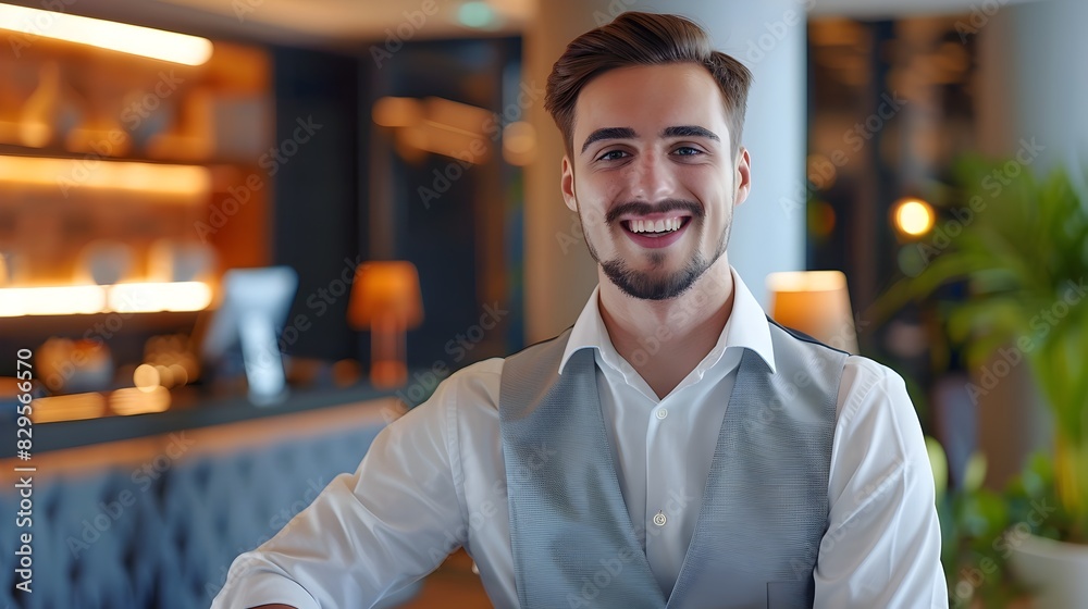 Fototapeta premium Enthusiastic Hotel Manager Excelling at Work on Colorful Background