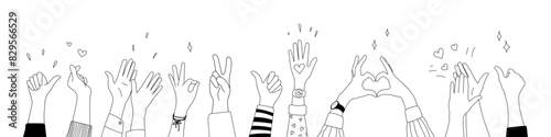 Doodle sketch hands up gestures comic icons silhouettes vector set. Group of line art fun comic hands in the air. Voting or happy congratulation audience recognition symbols. photo