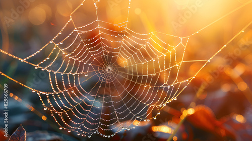 Close-up of intricate spider's web glistening, Dewdrops on spider web in morning light  © David
