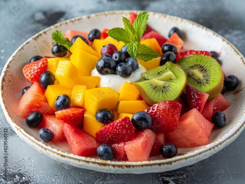 Fresh Summer Fruit Salad with Mango  Blueberries  Kiwi  Strawberries  and Watermelon in a Ceramic Bowl - Healthy Refreshing Dessert