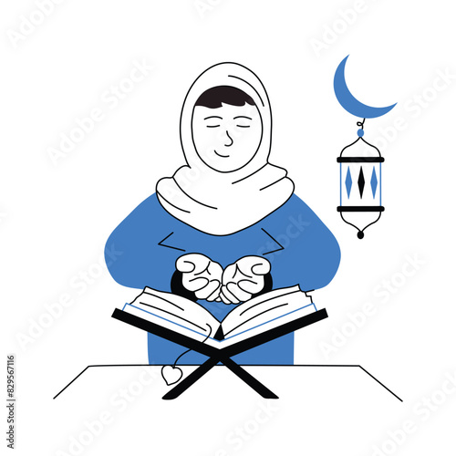 A muslim woman reciting holy quran, reading quran premium illustration