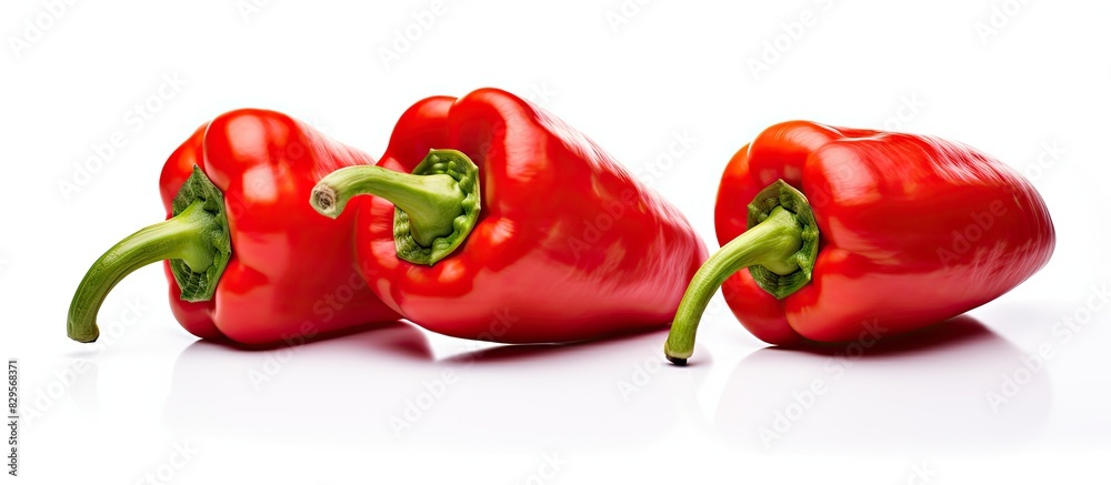 Three red peppers displayed with copy space image on a white backdrop Three red peppers displayed with copy space image on a white backdrop