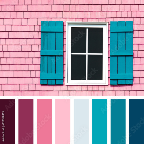 Pink wood shingles wall, with window and turquoise blue shutters, In a colour palette with complimentary colour swatches.