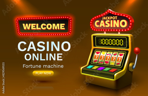 Casino 777 banner slots machine winner, jackpot fortune of luck. Vector illustration