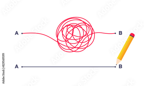 Complex and easy simple way from point A to B vector illustration. Chaos simplifying, problem solving and business solution searching challenge concept. Hand drawn doodle scribble chaos path lines.