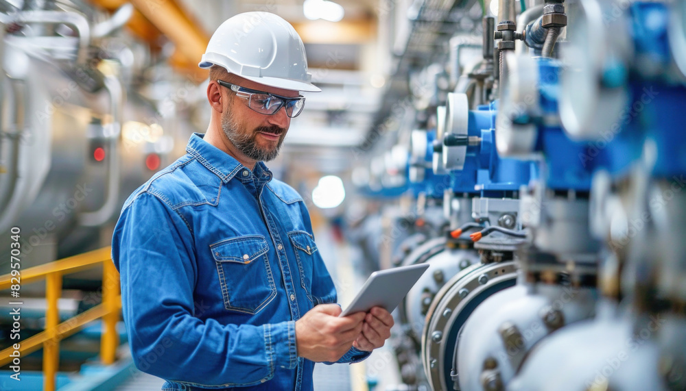 Man in hard hat inspecting tablet in factory, engineering, mass production with gas, machine, metal Man in hard hat inspecting tablet in factory, engineering, mass production with gas, machine, metal