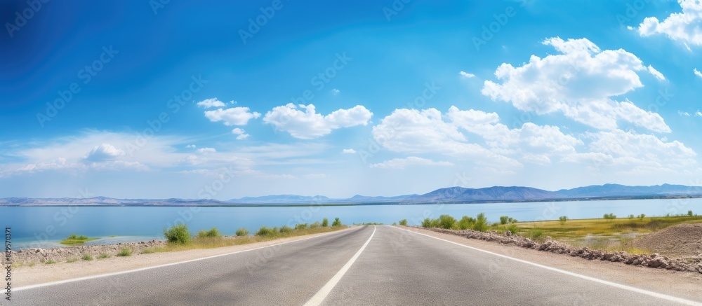 Desolate road beside a peaceful lake under a clear blue sky with copy space image