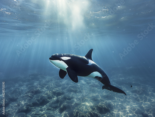 A orca fish or killer whale swimming on under water of sea 