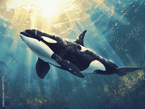 A orca fish or killer whale swimming on under water of sea  photo
