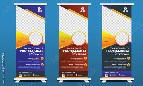 Corporate rollup banner template, advertisement, pull up, polygon background, vector illustration, business flyer, and display banner for your c business, company, and restaurant with 3 colors