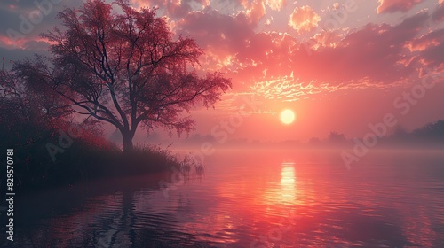 A tranquil scene with a glowing sunrise.