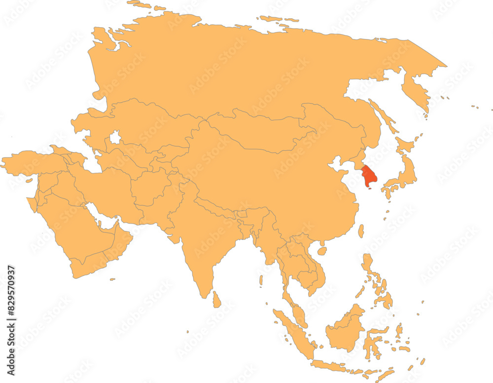 Fototapeta premium Highlighted red map of SOUTH KOREA inside orange detailed political map of Asia using orthographic projection on transparent background