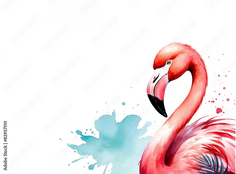 Naklejka premium Colorful watercolor cute Flamingo on a white background, copy space