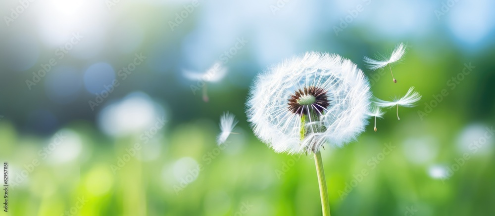 Fototapeta premium Macro shot of a white dandelion with seeds featuring a soft focus effect The background is naturally blurred providing a copy space image