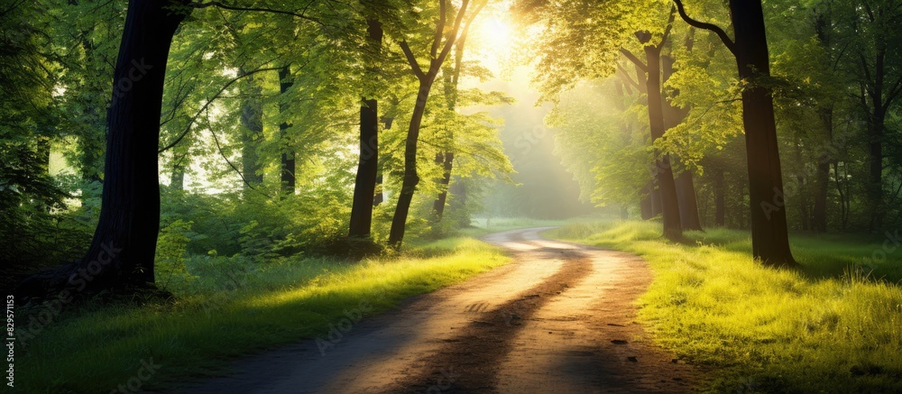 Naklejka premium Sunlit path winding through a spring forest or park with a clear sky perfect for a copy space image