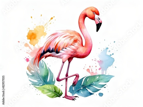 Colorful watercolor cute Flamingo with tropical leaves illustration on a white background  copy space