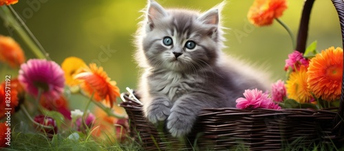 A cute gray kitten with folded ears relaxes in a basket surrounded by colorful dahlias posing with its paws on the basket s edge against a green grass backdrop in the copy space image photo