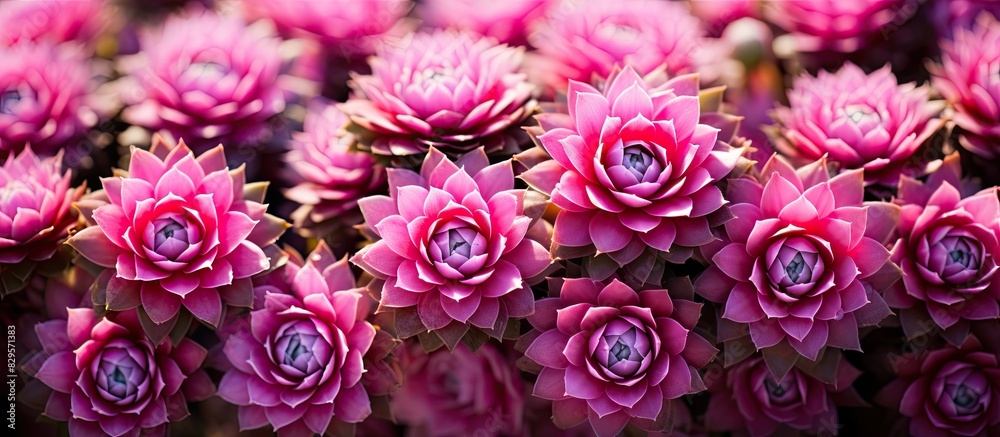 Fototapeta premium Blooming sempervivum Pink Sempervivum flowers. Copy space image. Place for adding text and design