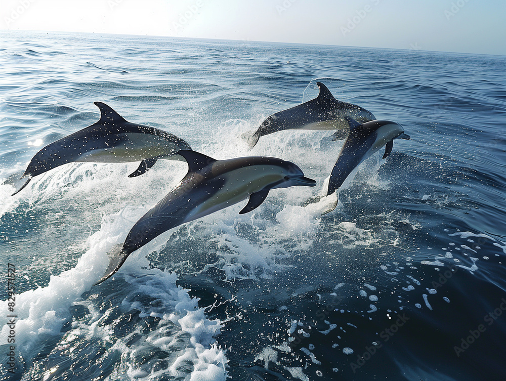 Fototapeta premium Dolphins jumping out of water in ocean