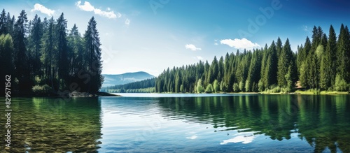 Fototapeta Naklejka Na Ścianę i Meble -  Scenic view of a tranquil lake surrounded by towering fir trees on a sunny summer day with a serene ambiance ideal for a copy space image